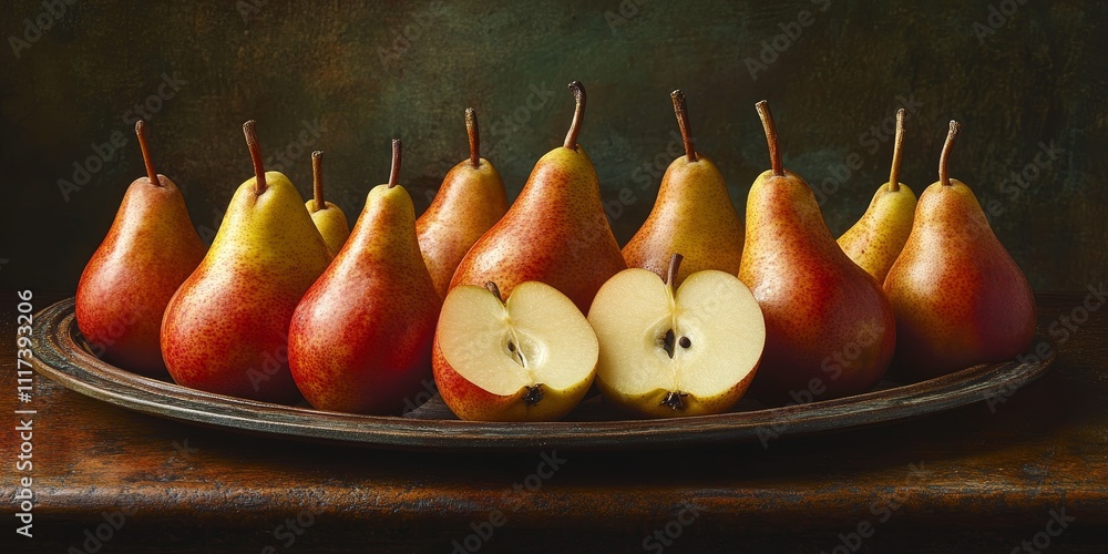 Poster freshly cut slices of pears arranged on a rustic plate create a healthy snack. this vibrant fruit di