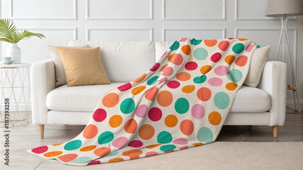 Poster brightly colored polka dot blanket adding a touch of playful style to a comfortable white sofa in a 