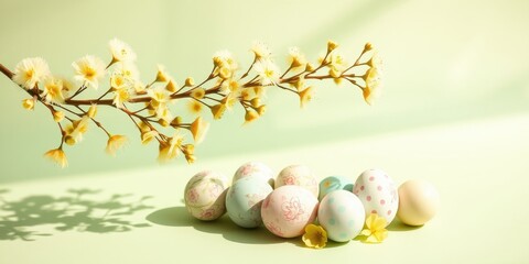 Delicate Spring Blossoms Frame Pastel Easter Eggs on a Soft Green Background