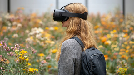 Immersive virtual reality experience in vibrant flower field. woman with long hair wears VR headset, exploring colorful landscape while carrying backpack