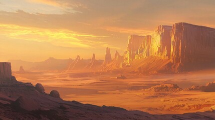 A stunning sunset over a barren landscape highlights the serene beauty and isolation of the desert horizon.