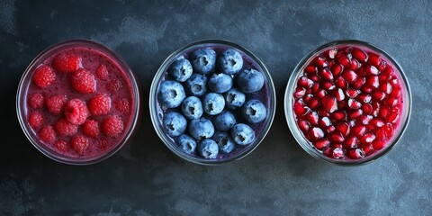 Refreshing smoothie made with fresh blueberries, pomegranate, and banana, blending together the vibrant flavors of blueberry, pomegranate, and banana for a nutritious drink.