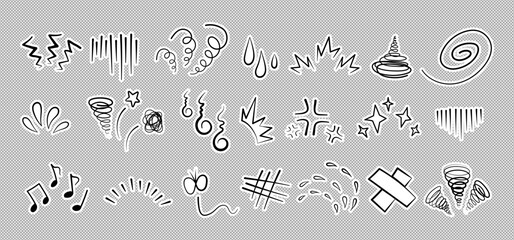 Manga or anime comic emoticon element graphic effects hand drawn doodle vector illustration set isolated on gray background. Sticker style manga doodle line expression scribble anime mark collection