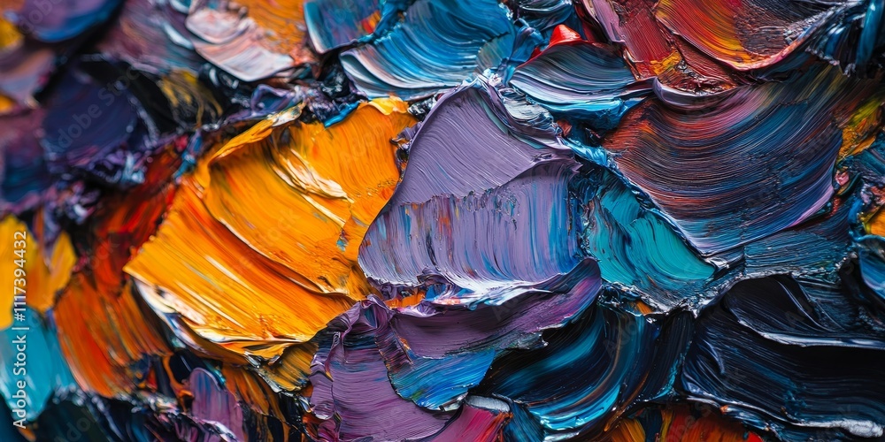 Poster macro texture abstraction showcasing vibrant oil paints, highlighting the intricate patterns and ric
