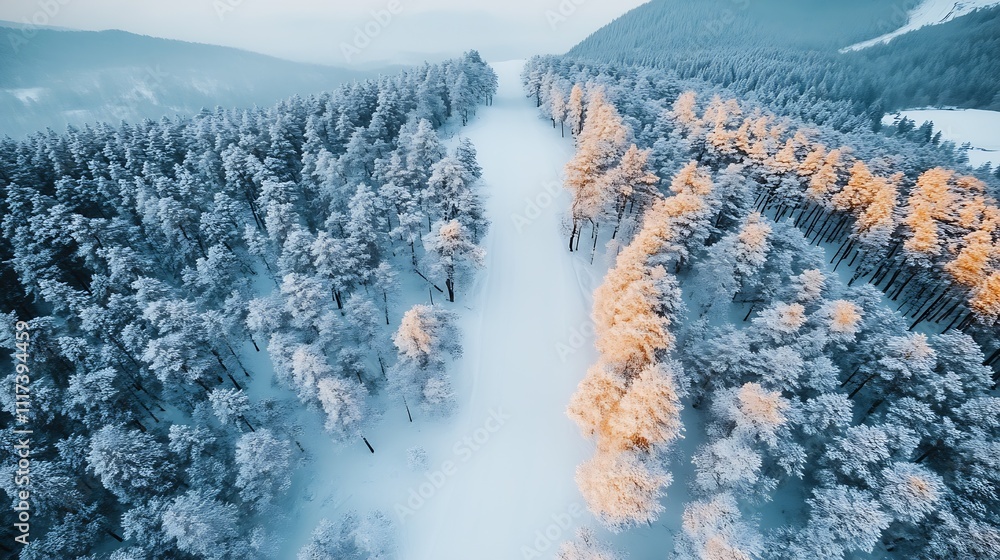 Poster stunning aerial view of snowcovered winter forest with contrasting golden trees : generative ai