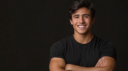 Fototapeta premium young handsome hispanic man looking like a happy, proud and satisfied achiever smiling with arms crossed. HD Realistic.
