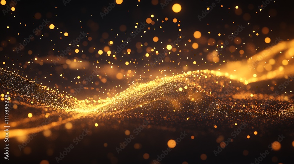 Leinwandbilder Glittering Golden Waves of Light Particles Creating a Mesmeric Abstract Display : Generative AI