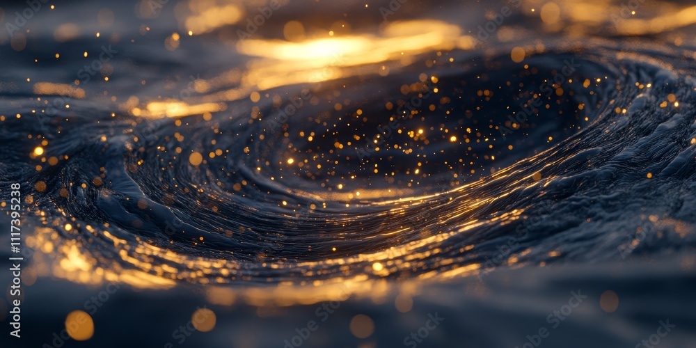 Poster shiny particles swirl in water, creating a mesmerizing effect reminiscent of the vastness of space i