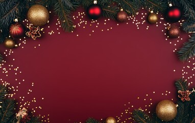 A festive Christmas background featuring fir branches, colorful balls, and vibrant decorations set against a rich red backdrop.