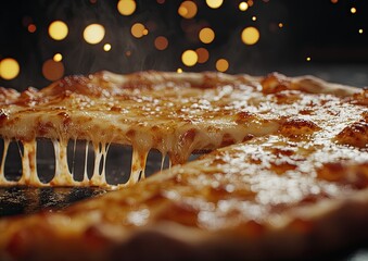 Wide shot of a pizza being served hot out of the oven, with melted cheese stretching from the slice.