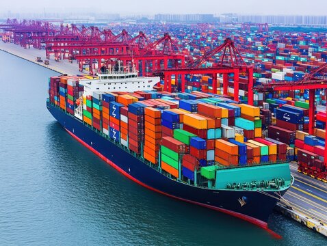 A vibrant container ship docked at a busy port, surrounded by colorful shipping containers and cranes under a cloudy sky.