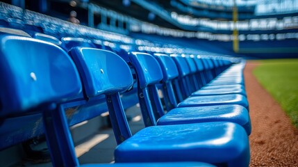 Fototapeta premium Rows of seats in an outdoor stadium with blue seats. Generative Ai