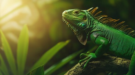 Fototapeta premium A Close-Up of a Vibrant Green Iguana Sunbathing on a Branch Surrounded by Lush Green Leaves in a Tropical Environment