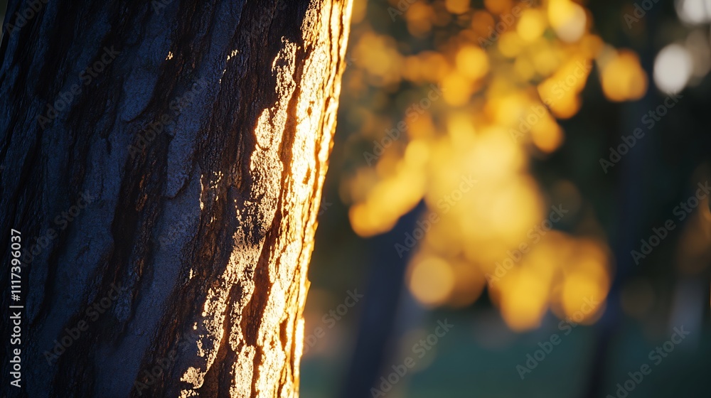 Poster Sunlit Tree Bark with Golden Autumn Background in Nature Park Setting : Generative AI