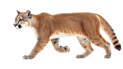 A majestic mountain lion prowls gracefully across a stark white background, showcasing its sleek, tawny coat and striking features in a side profile view.
