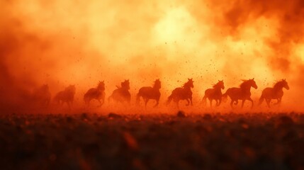 Fototapeta premium Majestic Horses Galloping Through Fiery Landscape Under a Dramatic Sky with Billowing Smoke and Orange Hues Creating a Stunning Visual Impact