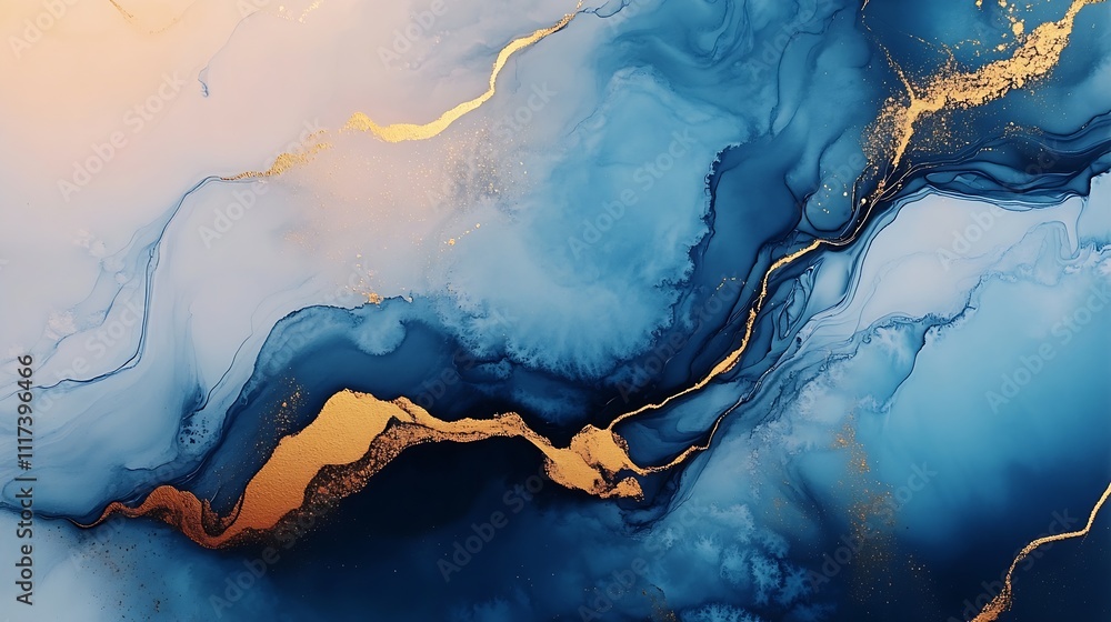 Aufkleber elegant blue and gold abstract paint swirls creating a stunning oceanic art design : generative ai