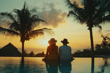 Young couple traveler relaxing and enjoying the sunset by a tropical resort pool while traveling for summer vacation