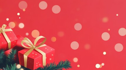 Festive Christmas Scene with Red Gift Boxes and Evergreen Branches on Red Bokeh Background