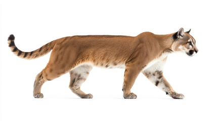 Obraz premium Side view of a majestic cougar walking gracefully on a white background, highlighting its sleek body and natural grace.