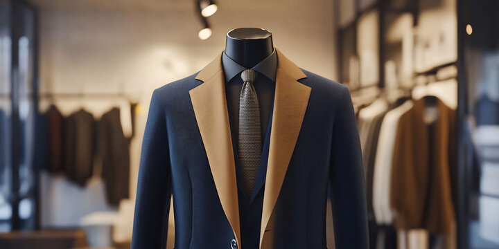Navy blue suit paired with a camel coat displayed in a chic boutique with a minimalist background The contrast between the suit and coat creates a sophisticated and stylish ensemble