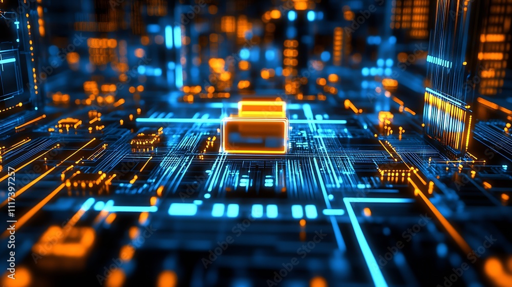 Poster futuristic digital circuit board with glowing orange and blue elements : generative ai