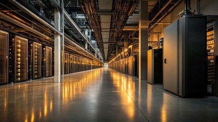 A modern data center with rows of servers and illuminated pathways.