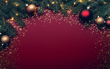 Festive Christmas background featuring lush fir branches adorned with vibrant red balls, creating a warm and joyful holiday atmosphere.