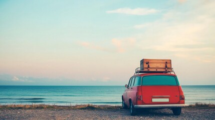 Naklejka premium Vintage Red Car with Roof Rack and Wooden Suitcase Parked on Sandy Beach at Sunset, Evoking Nostalgia and Adventure by the Ocean