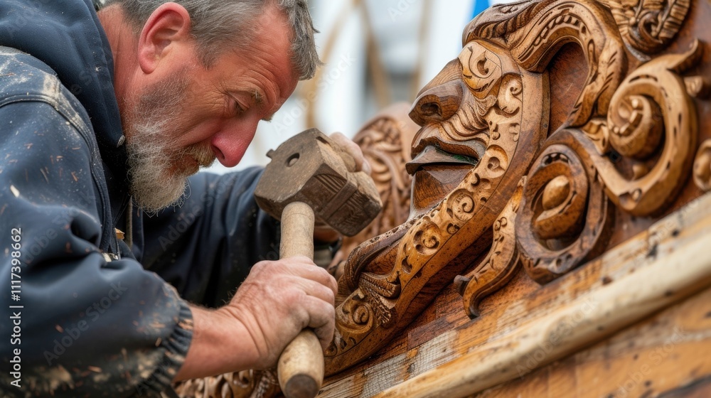Poster focused and determined the carpenter skillfully uses a mallet and chisel to create intricate designs