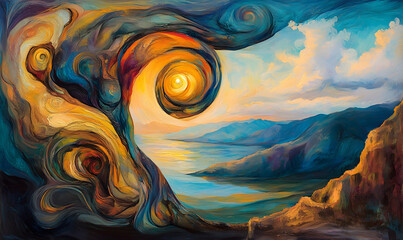 Surreal landscape painting; swirling abstract forms frame a serene vista of mountains, sea, and sunset.  Ideal for meditation, dreamscape, and inner peace concepts.