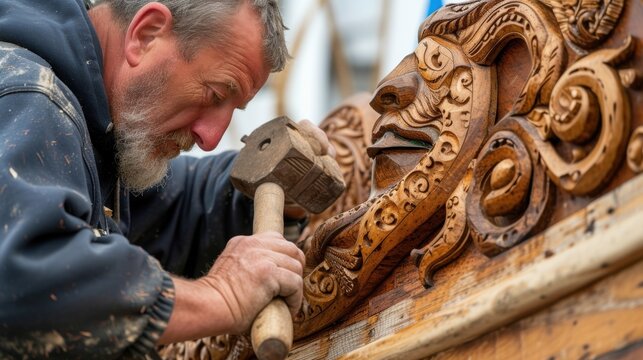 Focused and determined the carpenter skillfully uses a mallet and chisel to create intricate designs on a new wooden figurehead for the ships bow.