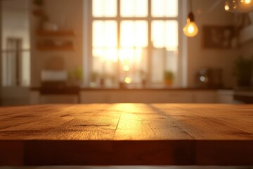 A warm, sunlit kitchen with a wooden table, creating a cozy atmosphere.