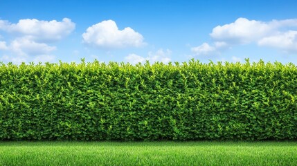 Lush green hedge separating a manicured lawn against a clear blue sky with scattered clouds.