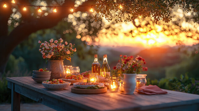 Beautiful outdoor dinner setup with candles, flowers, and sunset view.