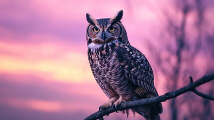 Majestic Owl Perched on Branch Surrounded by Colorful Sunset Sky With Hues of Purple, Orange, and Pink, Capturing Nature Beauty and Serenity in Twilight