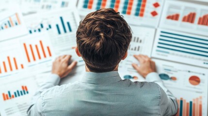 Business Professional Analyzing Various Reports and Charts on Table to Evaluate Data Trends and Project Performance for Strategic Decision Making