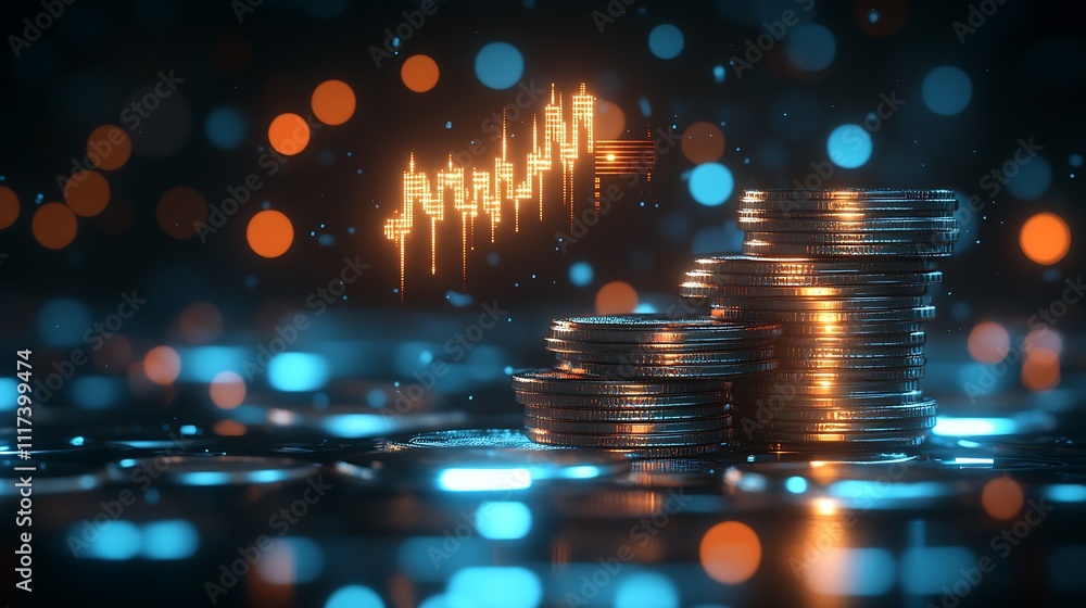 Leinwandbilder closeup of stacked coins with rising graph on holographic background : generative ai