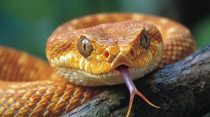 Fototapeta premium Close-up of a vibrant orange snake with forked tongue, coiled on a branch.