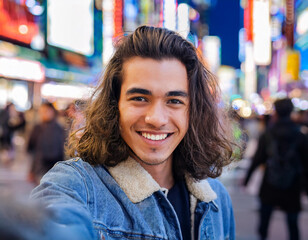 Teenager Tourist Influencer Boy Smiling at Shibuya Crossing