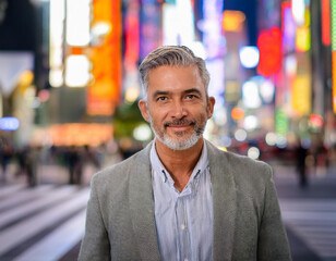 Fototapeta premium Middle-Aged Business Tourist Man at Shibuya Crossing in Casual Business Style