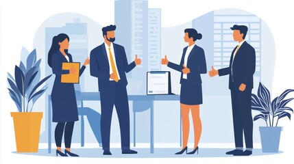 Professional team discussing project details in modern office setting with city backdrop.