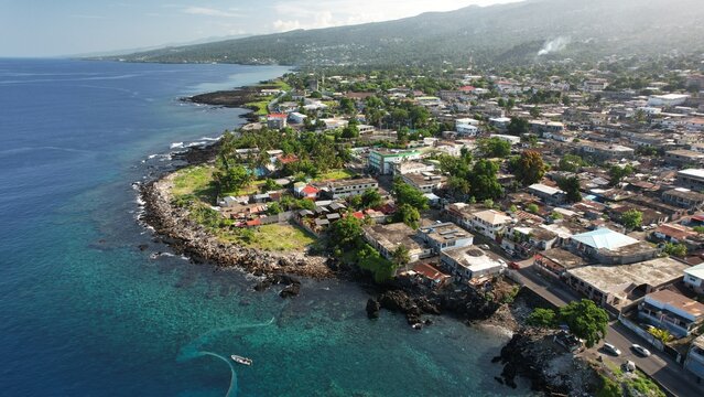 Aerial view of coastline and city, Moroni, Comoros