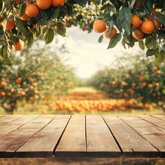 Empty Wooden Table with Orange Tree in Background and Free Space
