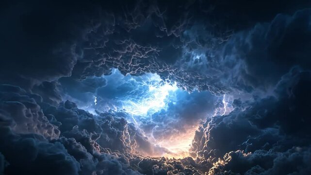 Supercell lightning storm with swirling clouds and frequent lightning strikes, creating a powerful scene.