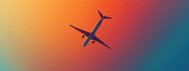 Naklejka premium Airplane silhouette against dramatic sunset sky with vibrant orange hues and clouds, depicting travel and adventure.
