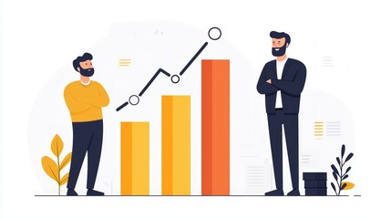 Two men discussing a rising bar chart, symbolizing growth and success in business, isolated on a white background.