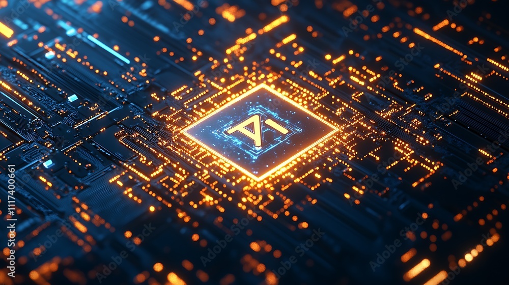 Aufkleber futuristic circuit board with glowing ai symbol in neon lights : generative ai