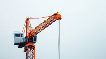 Bright orange construction crane stands against a clear sky, showcasing industrial engineering and modern architecture, emphasizing height and structural design.