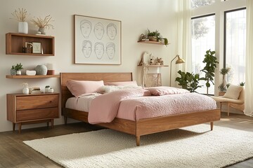 A stylish mid-century modern bedroom with a light wooden bed, pastel pink bedding, and a vintage wooden dresser against a grey wall.
